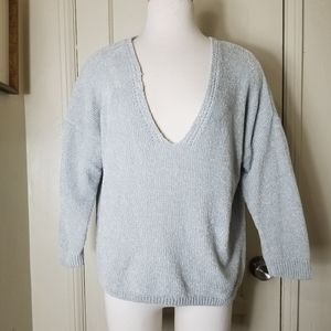 EXPRESS S gray channel 3/4 sleeve sweater top deep scoop neck stretch